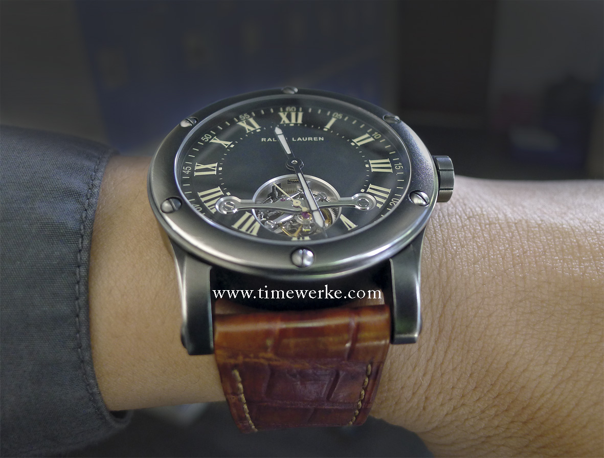 Ralph Lauren’s key highlight for 2013: the RL67 Tourbillon from its Safari collection. Comes in a 44.8mm diameter case and the thickness of 11.8mm. The stainless steel case features an interesting gunmetal finish. Priced at around US$56,000 / 42,000 euros / 51,000 Swiss francs / 179,000 Malaysian Ringgit / S$69,700. Photo: © TANG Portfolio