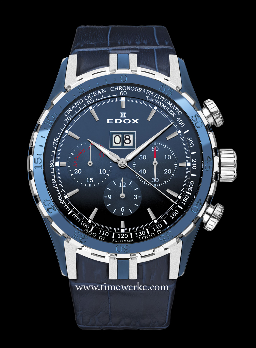 The 48mm Edox Grand Ocean Extreme Sailing Series Special Edition in stainless steel, blue PVD-coated with a big date display. Edox’s Calibre 45 is a base ETA 2892-2 automatic movement modified by Dubois Dépraz 4500. Water-resistant to 300m (900 feet), it is priced at around US$4,300 / SGD5,400 (Singapore dollars) / RM14,150 (Malaysian Ringgit) before tax. Photo: © Edox