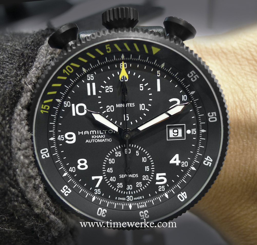 Hamilton Khaki Takeoff Auto Chrono Limited Edition. Introduced at BaselWorld 2014, it has a detachable movement module which means it can be fitted into a wristwatch housing or stored nicely and separately into a storage box that looks like a cockpit dashboard. Priced at around US$3,295 / 2,500 euros / CHF2,995 / around SGD4,300 (Singapore dollars) / MYR11,000 (Malaysian Ringgit). Photo: © TANG Portfolio. BaselWorld 2014