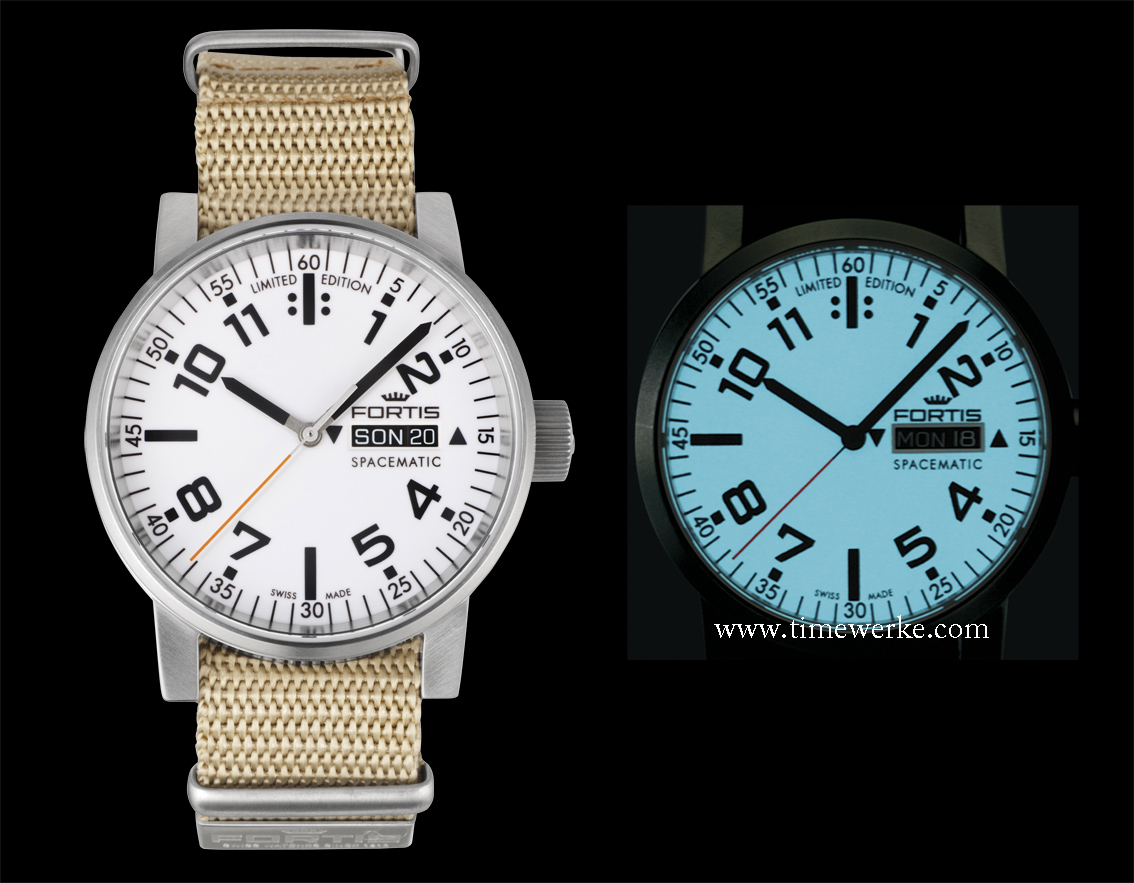 Fortis Spacematic with a white dial (Reference: 623.10.42). It features the day and date displays and comes in a 40mm diameter brushed steel case. It is water-resistant to 100m (10 bar). In darkness, the white dial coated with SuperLuminova emits a blue afterglow in darkness. This newer version replaces reference 623.22.42. It is reasonably-priced at SGD1,650 / MYR4,040 or around US$1,300 / 990 euros / CHF1,200. Photo: © Fortis