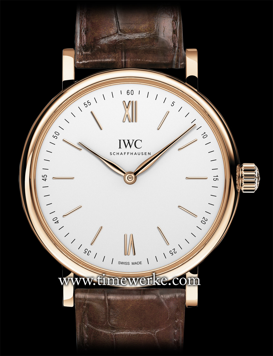 The IWC Portofino Hand-Wound Pure Classic (Ref. IW511101). Introduced in 2014, it is powered by the Calibre 59060 manual-winding movement with 192 hours or 8 days of power reserve and is housed in a 43.5mm diameter case in 18K red gold. The stainless steel version is the Ref. IW511102 (priced at SGD13,400). The gold piece shown here comes with a dark brown alligator leather strap made by Santoni and red gold pin buckle. Priced at SGD26,100 / MYR62,500. Photo: © IWC