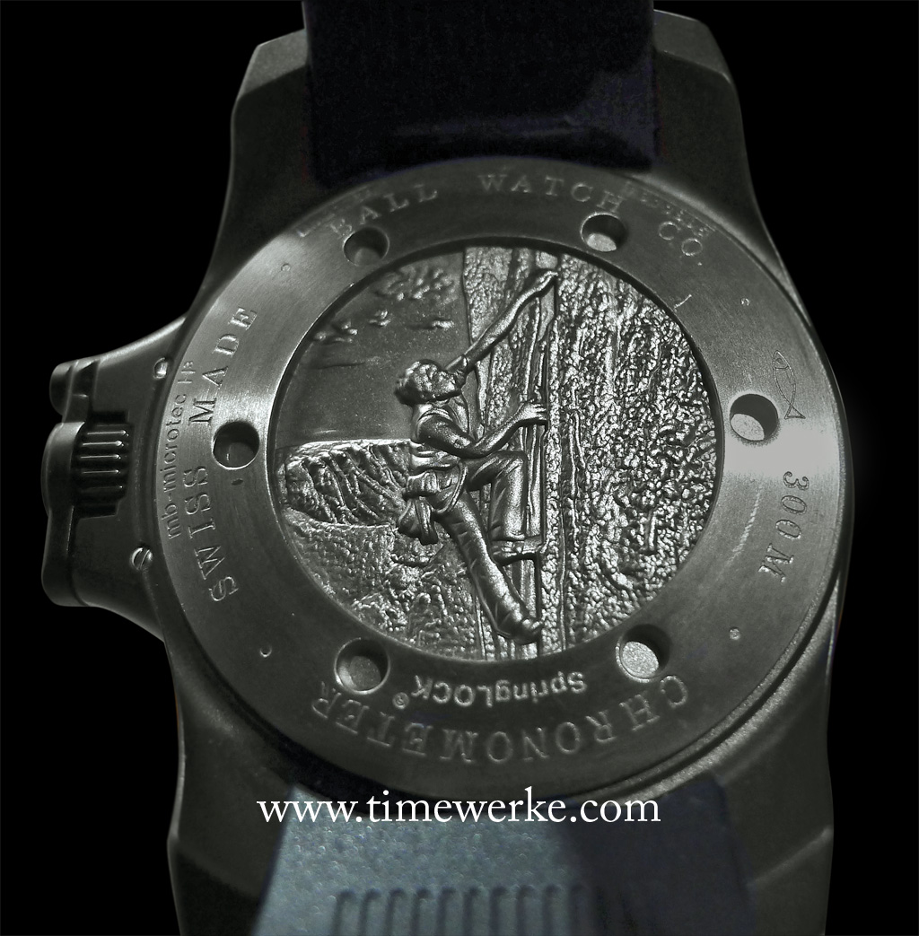 Case back of the Ball Watch Engineer Hydrocarbon Black. It features the engraving of the death-defying American free solo rock climber Alex Honnold scaling a vertical rock face. Take note of the patented Ball Watch crown protection system used for its Engineer Hydrocarbon collection. Through the text engraved, one will know that this Engineer Hydrocarbon Black is chronometer-certified, features the SpringLOCK anti-shock system and is water-resistant to 300m. Photo: © TANG Portfolio. Elfa / Timmy. 2015.