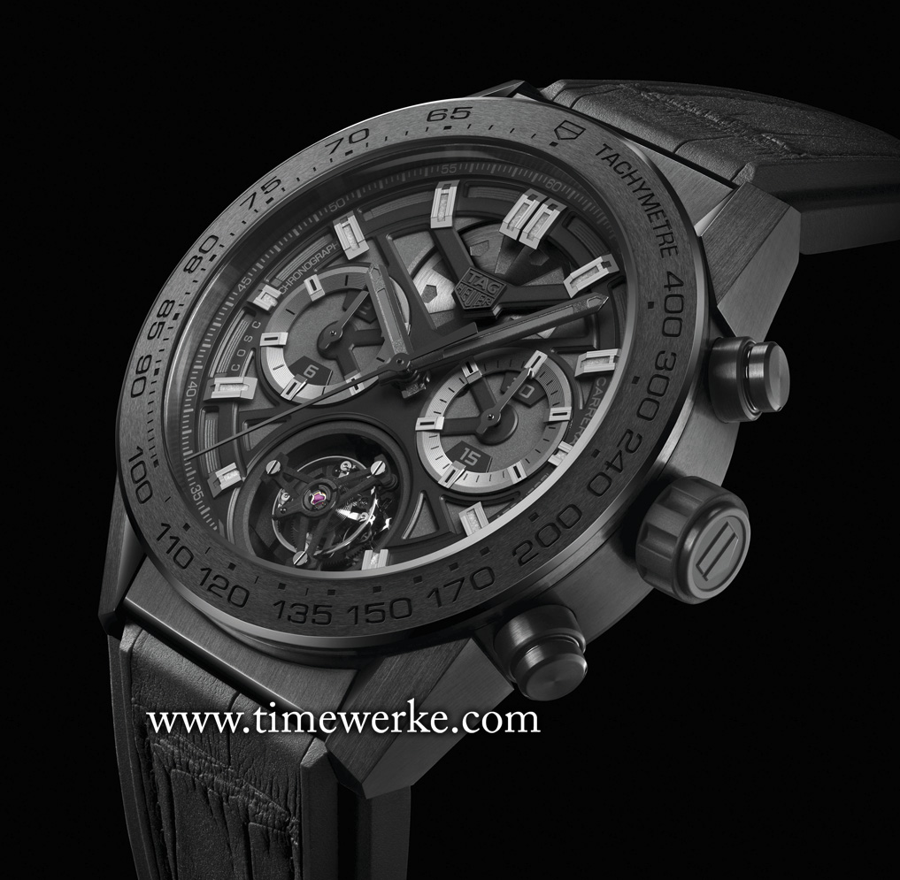 The TAG Heuer Black Phantom Carrera Heuer-02T chronograph with tourbillon. Limited to 250 pieces and priced at CHF19,900, this model has the stealth look. The Calibre Heuer-02T is COSC-certified, features more than 65 hours of power reserve when fully wound and is water-resistant to 100 metres. Photo: © TAG Heuer