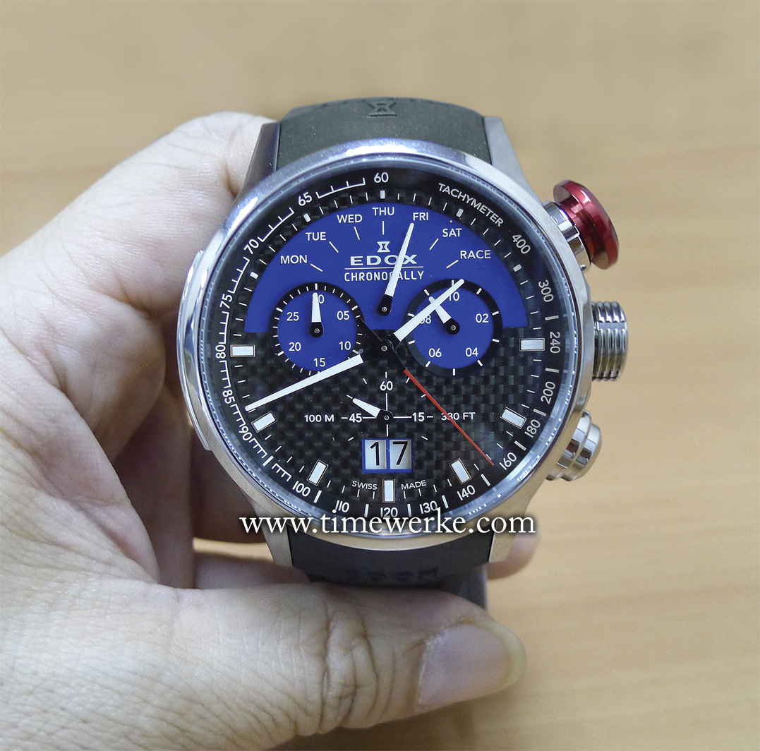Edox Sauber F1 Team Chronorally Limited Edition. Introduced in 2016, it houses the Ronda 8040.N quartz movement with the chronograph function, chronograph split time function and the big date display. It has a black carbon fibre dial with the blue being the team colour of the Sauber F1 Team (Sauber C35 Blue) and its 48mm diameter case is in titanium. Water-resistant to 100 metres. Limited to 555 pieces. Priced at SGD2,541.25 inclusive of tax (SGD2,375 before tax). Photo: © TANG Portfolio.