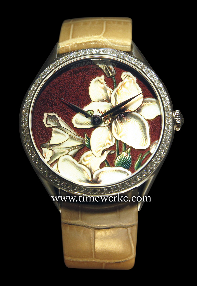 Vacheron Constantin Métiers d’Art Florilège White Lily watch. Limited to 20 pieces. Photo: © TANG Portfolio. Salon International de la Haute Horlogerie January 2013. 
