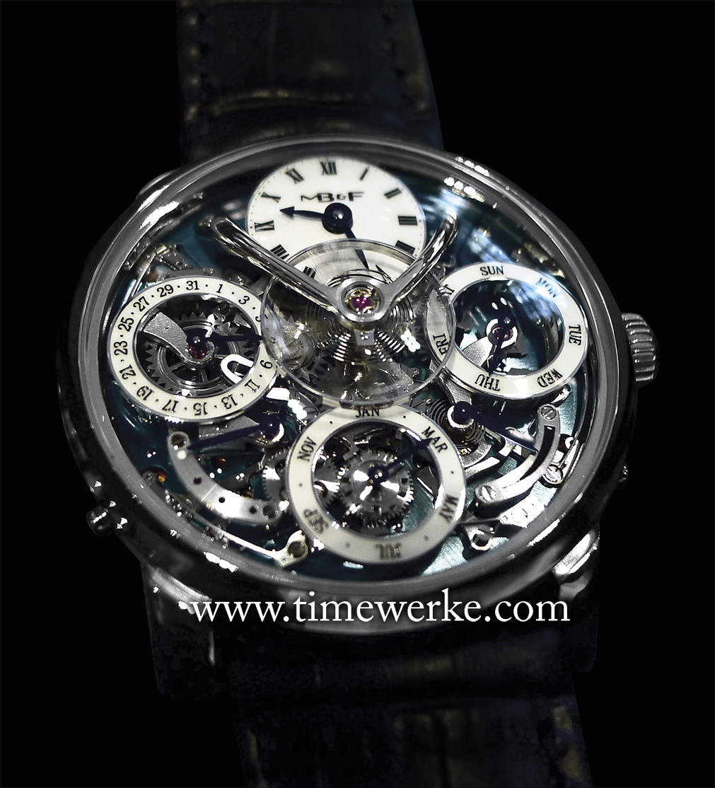 MB&F Legacy Machine Perpetual. Introduced in 2015. This perpetual calendar, housed in a 44mm diameter case with a height of 17.5mm, features the hour and minutes at the sub-dial at 12 o’clock, the day at 3 o’clock, the month at 6 o’clock and the date at 9 o’clock. The power reserve display is between 4 and 5 o’clock and the leap year indication is between 7 and 8 o’clock. Limited to 25 pieces in 18K 5N red gold (priced at SGD226,000) and 25 pieces in platinum 950 (priced at SGD275,100). Photo: © TANG Portfolio