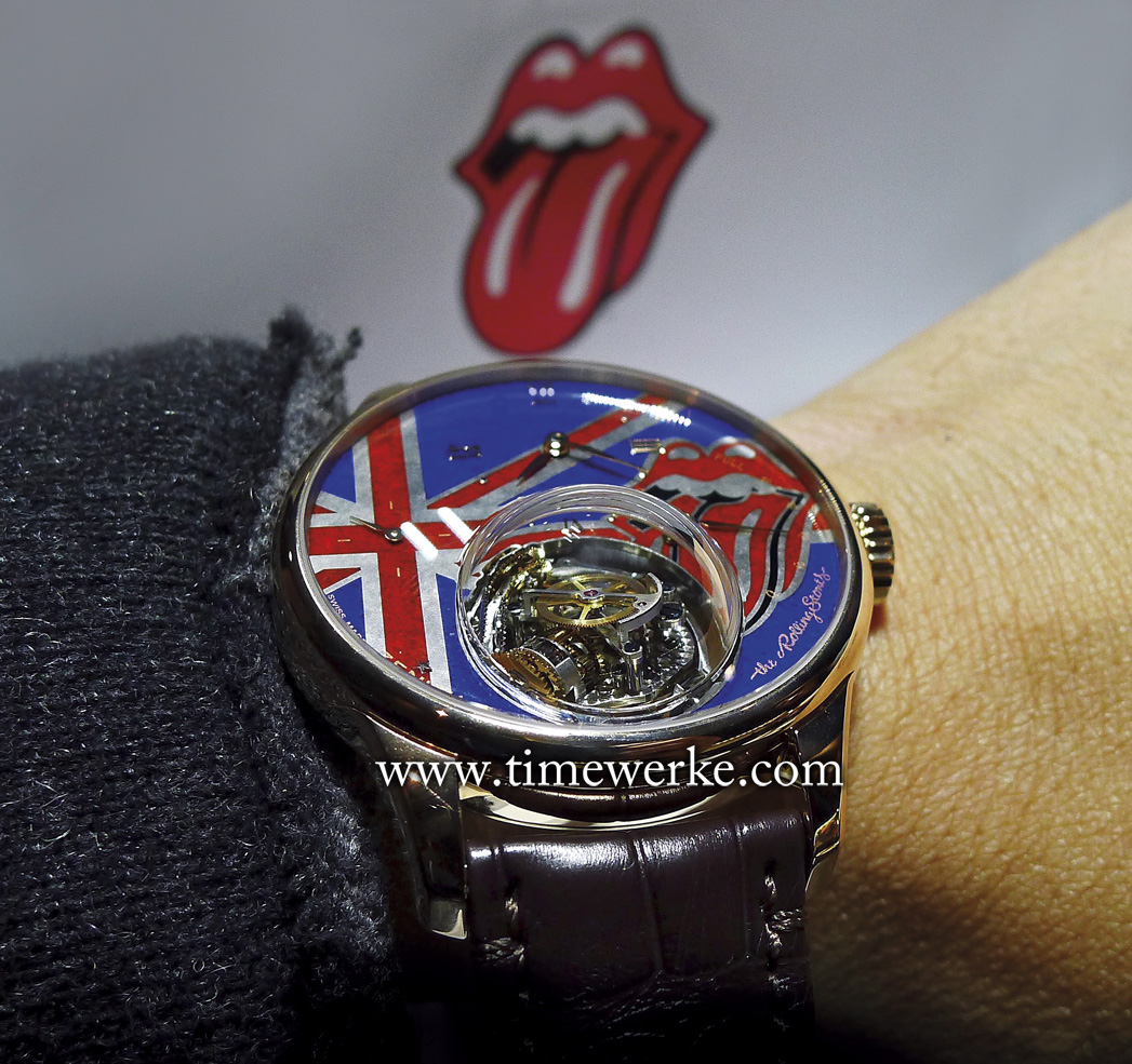 Zenith Academy Christophe Colomb Tribute to the Rolling Stones. Introduced in 2016, it features the El Primero Calibre 8804 manual-winding movement beating at 36,000 vibrations per hour (5Hz) and has two Gyroscopic carriages made of 171 components. The dial features the Union Jack and the iconic “tongue and lips” logo of the Rolling Stones. Limited to 5 pieces and priced at CHF220,000. Photo: © TANG Portfolio. Elfa / Timmy. BaselWorld 2016.